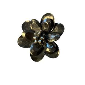 Vintage Black Enamel Flower Brooch Glossy Petal Statement Pin Bold Puffy Pin